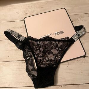 Victoria's Secret Black Lace Panty with Rhinestone Straps S